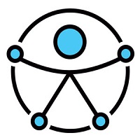 Uma figura simétrica conectada por quatro pontos a um círculo, representando a harmonia entre o ser humano e a sociedade, e com os braços abertos, simbolizando a inclusão de pessoas com todas as habilidades, em todos os lugares