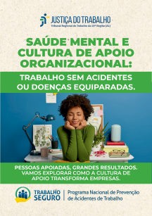 A imagem mostra a capa do ebook "Saúde Mental e Cultura de Apoio Organizacional" produzido pelo Tribunal Regional do Trabalho da 19ª Região (AL). O design apresenta um fundo com textura bege, com o título em verde destacado na parte superior. Abaixo há uma faixa verde com o subtítulo "Trabalho sem acidentes ou doenças equiparadas". Na parte central, há uma fotografia de uma mulher negra de cabelos cacheados, vestindo um suéter verde, sentada à mesa de trabalho com expressão tranquila e contemplativa, apoian