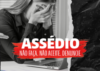 Foto em preto e branco de mulher com mão no rosto e frase em branco e vermelho escrito assédio: não faça. não aceite. denuncie