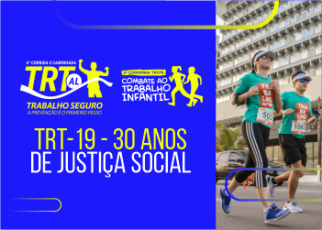 LOGAMARCA DA 6ª CORRIDA DO TRT AL, EM COR AZUL, LETRAS AMARELA E FOTO DE DUAS PESSOAS CORRENDO