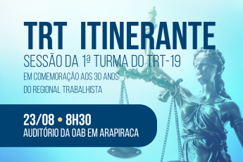 Imagem de fundo azul com estátua da Justiça e frase TRT Itinerante