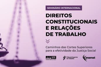 Fundo lilás com  uma balança da justiça ao fundo e letras pretas maiúsculas escrito Direitos Constitucionais e Relações de TrabalhoDire