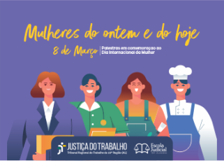 Card de fundo lilás com letras amarelas com representação de várias mulheres com trajes de suas profissões 
