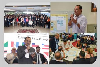 Imagem formada por quatro fotos, com duas fotos do juiz Flávio Costa, uma de paletó cinza e outra de camisa branca, e uma foto geral dos presentes ao evento, além de uma foto de pessoas sentadas em uma grande mesa fazendo a apuração dos votos