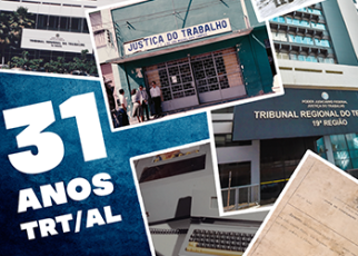 Várias imagens com edificações do TRT-19. Há uma máquiande datilografia e um documento.