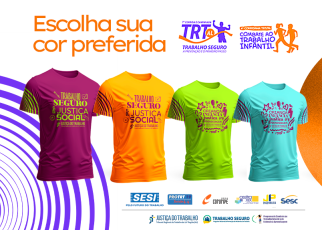 Foto das camisas da corrida nas cores laranja flúor, roxo berinjela,  amarelo Flúor e azul claro