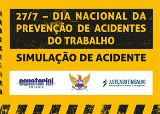 IMAGEM AMARELA COM A FRASE DIA NACIONAL DA PREVENÇÃO DE ACIDENTES DO TRABALHO EM UMA TARJA PRETA ESCRITA EM LETRAS AMARELAS, LOGO ABAIXO, A FRASE SIMULAÇÃO DE ACIDENTES DE TRABALHO ESCRITA EM LETRAS PRETAS SOBRE O FUNDO AMARELO