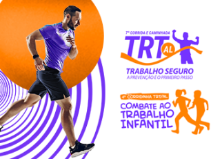 Imagem de um homem correndo com bermuda preta e blusa azul, à direita, logos da corrida com corredores nas cores azul e laranja.