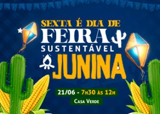 Fundo azul com imagem de fogueira, bandeirinhas coloridas e letras amarelas escrita Feira Sustentável