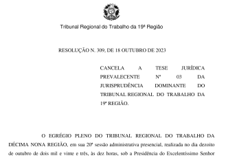 Imagem de uma resolução com o brasão do TRT de Alagoas centralizado na parte de cima e, logo abaixo dele, o nome resolução nº 309, de 18 de outubro de 2023 escrito em letras maiúculas