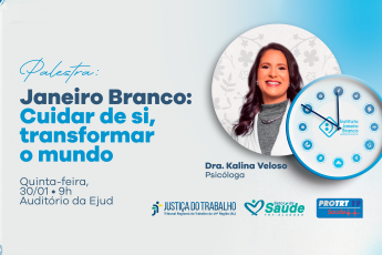 Card com fundo branco e azul . Há no lado esquerdo letras em dois tons de zul. Já no lado direito, há a foto de um mulher jovem dentro de um círulo e um pouco abaixo, há um relógio.