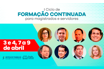 Fundo azul com vários rostos de seis homens e duas mulheres e uma faixa vermelha com 3 e 4 e 7 a 9 de abril 