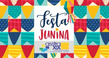 IMAGEM CHEIA DE BANDEIROLAS COLORIDAS; AO CENTRO, O NOME FESTA JUNINA