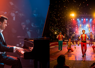 há um pianista e uma apresentação espetáculo de circo.