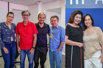 Há seis pessoas. sendo três homens e três mulheres. Eles estão sorrindo.