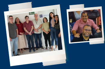 Há duas fotos,sendo a primeiro  com sete pessoas e a segunda com duas. Eles estão com semblantes descontraídos.
