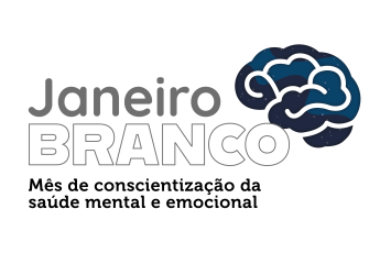 Logo do janeiro branco com o nome Janeiro Branco ao Centro e um balão que dá representantivo de ideia no canto superior direito nas cores azul e branco.