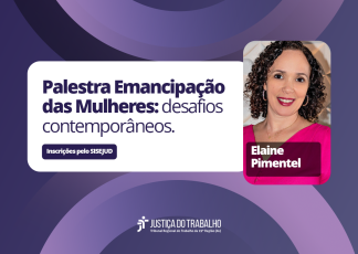 Card de fundo lilás. Há no lado direito um box branco com informações de uma palaestra. Já no lado esquerdo há a foto de uma mulher branca de cabelos claros encaracolados. Ela veste roupa pink.