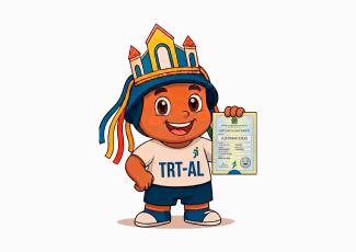 Ilustração de um mascote infantil do TRT-AL com expressão sorridente, usando camiseta com a sigla do Tribunal. O personagem veste um chapéu inspirado em elementos arquitetônicos e cores vibrantes. Na mão direita, segura uma certidão de nascimento com o nome “Justinho Dilei”. A imagem remete a ações de cidadania, registro civil e inclusão social.