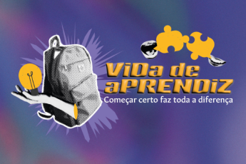 Card de fundo lilás, com letras amarelas e brancas. Há uma foto de uma mochila e uma mão.