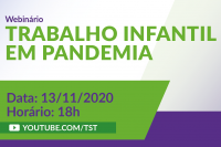 Estão abertas as inscrições para o Webinário “Trabalho Infantil em Pandemia”. O evento, promovido pelo Programa de Combate ao Trabalho Infantil e de Estimulo à Aprendizagem da Justiça do Trabalho, será realizado no dia 13/11, às 18h, pelo canal do TST no YouTube.