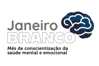 Logo do janeiro branco com o nome Janeiro Branco ao Centro e um balão que dá representantivo de ideia no canto superior direito nas cores azul e branco.