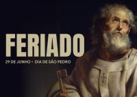 Há um card de fundo escuro escrito "feriado" com carcatéres grandes no lado direito. Já no esquerdo há um pintura de um homem de barba branca. Ele veste roupa clara, semelhante a veste religiosa.