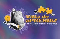 Card de fundo lilás, com letras amarelas e brancas. Há uma foto de uma mochila e uma mão.