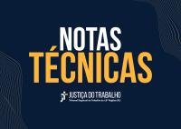 Arte gráfica institucional com fundo azul-escuro. Ao centro, destaca-se o texto "NOTAS TÉCNICAS", com a palavra "NOTAS" em branco e "TÉCNICAS" em amarelo. Na parte inferior, aparece a identidade visual da Justiça do Trabalho e a identificação "Tribunal Regional do Trabalho da 19ª Região (AL)". O layout é complementado por linhas curvas decorativas nos cantos da imagem.