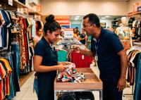 Há um homem gritando com uma mulher em uma loja de roupas. ambos estão de camisa azul escuro.Há outras pessoas dentro da loja