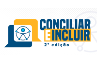 Arte gráfica com fundo claro e elementos em azul e amarelo. À esquerda, há um ícone estilizado de pessoas conectadas por linhas, dentro de formas geométricas. À direita, está o texto em destaque: “Conciliar e Incluir”, e abaixo, em menor tamanho, “2ª edição”.