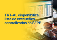 O  lado esquerdo do card é  amarelo com letras azuis. Já no lado direito há uma tela aberta de computador com uma listagem. No teclado há uma mão digitando