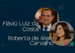 Card de fundo azul escuro, com letras brancas. Há dois círculos com fotos. Sendo o primeiro de um home de óculos com terno camisa branca e terno escuro. Lo abaxio, há dentro do círculo uma mulher jovem de cabelos escuros e roupa bege.