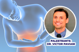 Imagem ilustrativa de uma pessoa segurando a região do abdômen, destacada em vermelho para representar dor ou inflamação. À direita, há a foto do palestrante, Dr. Victor Paviani, acompanhada da identificação com seu nome.