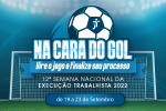 bola nas cores branca e azul; na frente da bola tem o slogan: na cara do gol vire o jogo e finalize seu processo