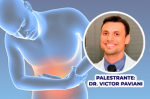 Imagem ilustrativa de uma pessoa segurando a região do abdômen, destacada em vermelho para representar dor ou inflamação. À direita, há a foto do palestrante, Dr. Victor Paviani, acompanhada da identificação com seu nome.