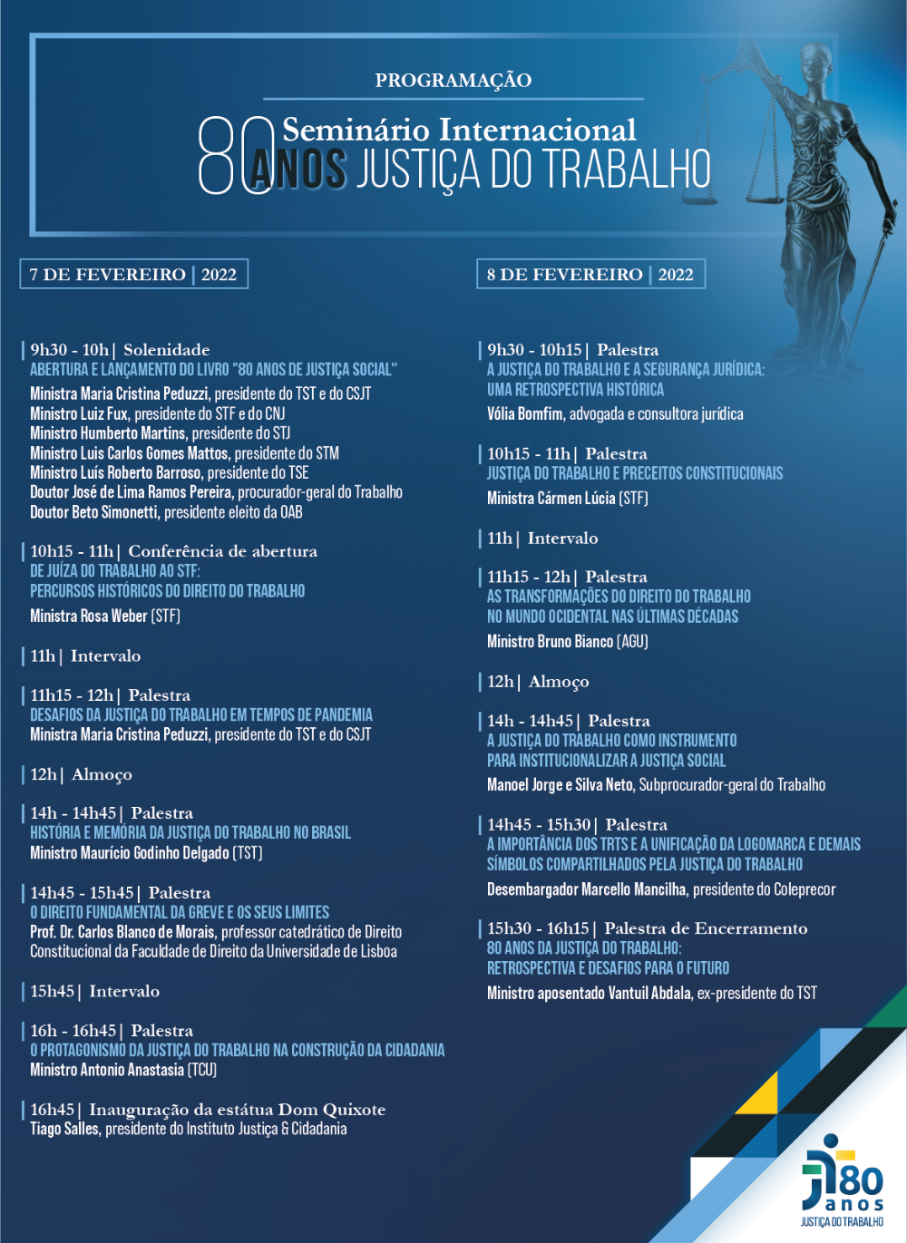 Programação do Seminário Internacional 80 anos JT