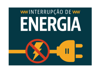 quadro fundo azul com um cabo de energia mostarda e as palavras interrupção de energia em branco