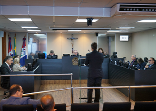 Homem de terno escuro de costa para o plenário e magistrados de toga sentados nas cadeiras do Tribunal Pleno