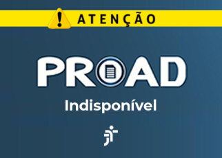Imagem em fundo azul com aviso de alerta. No topo, há uma faixa amarela com um ícone de atenção (triângulo com ponto de exclamação) e a palavra “ATENÇÃO” em destaque. Ao centro, aparece a palavra “PROAD” com um ícone de documento no lugar da letra “O”. Abaixo, está escrito “Indisponível”. Na parte inferior, há o símbolo da Justiça do Trabalho.