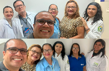 Duas fotos, sendo uma em cima da outra. Na primeira, dois homens e quatro mulheres; na de baixo, um homem e quatro mulheres, as mesmas da foto acima. Todos eles estão posados para as fotos e sorrindo