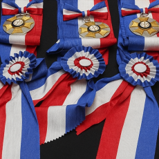 três medalhas douradas envoltas de de faixas nas cores azul, branco e vermelho