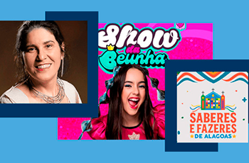 Três fotos na horizontal, sendo uma mulher branca de cabelos pretos à esquerda, uma adolescente branca de cabelos pretos ao centro e, à direita, uma logomarca do projeto saberes