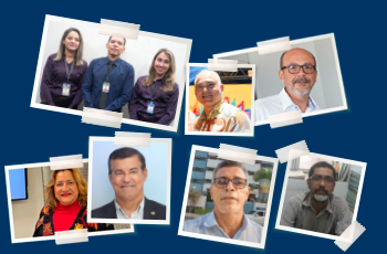 mosaico com 7 fotografias polaroid mostrando homens e mulheres