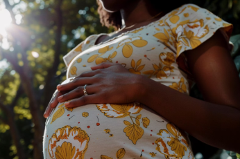 Foto com foco na barriga de uma mulher negra grávida usando vestido estampando em branco e amarelo