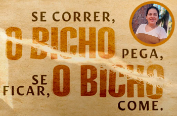 placa marrom com o nome se correr o bicho pega, se ficar o bicho come. E também a foto da servidora Kely uma mulher morena de olhos verdes