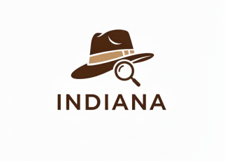 Chapéu e uma lupa com o nome Indiana em marrom