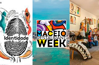 A imagem é composta por três partes: à esquerda, uma arte com uma digital estilizada acompanhada da palavra “Identidade”; no centro, o logotipo do evento “Maceió Restaurant Week” sobreposto a uma vista aérea do mar; e, à direita, uma cena de um espaço cultural com artesanato exposto, incluindo esculturas e quadros coloridos.