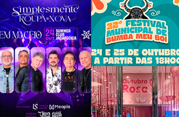 A imagem é composta por três partes, lado a lado, que divulgam diferentes eventos e ações culturais.  À esquerda, há um cartaz do show “Simplesmente Roupa Nova em Maceió”, com a foto dos integrantes da banda sobre um fundo roxo e azul iluminado, informando que o evento acontece no dia 24 de outubro, no Summer Club Jacarecica.  No centro, aparece um banner colorido do “32º Festival Municipal de Bumba Meu Boi”, com ilustrações festivas e o aviso de que o evento ocorre nos dias 24 e 25 de outubro.