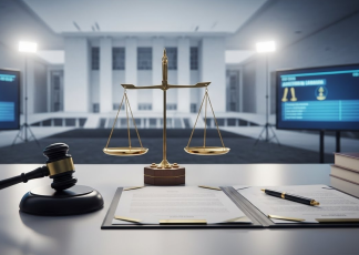 Em primeiro plano, uma balança da Justiça dourada sobre uma mesa, ao lado de um martelo de juiz e documentos. Ao fundo, de forma desfocada, vê-se um prédio com colunas, remetendo a um tribunal. A imagem simboliza justiça, equilíbrio e legalidade.